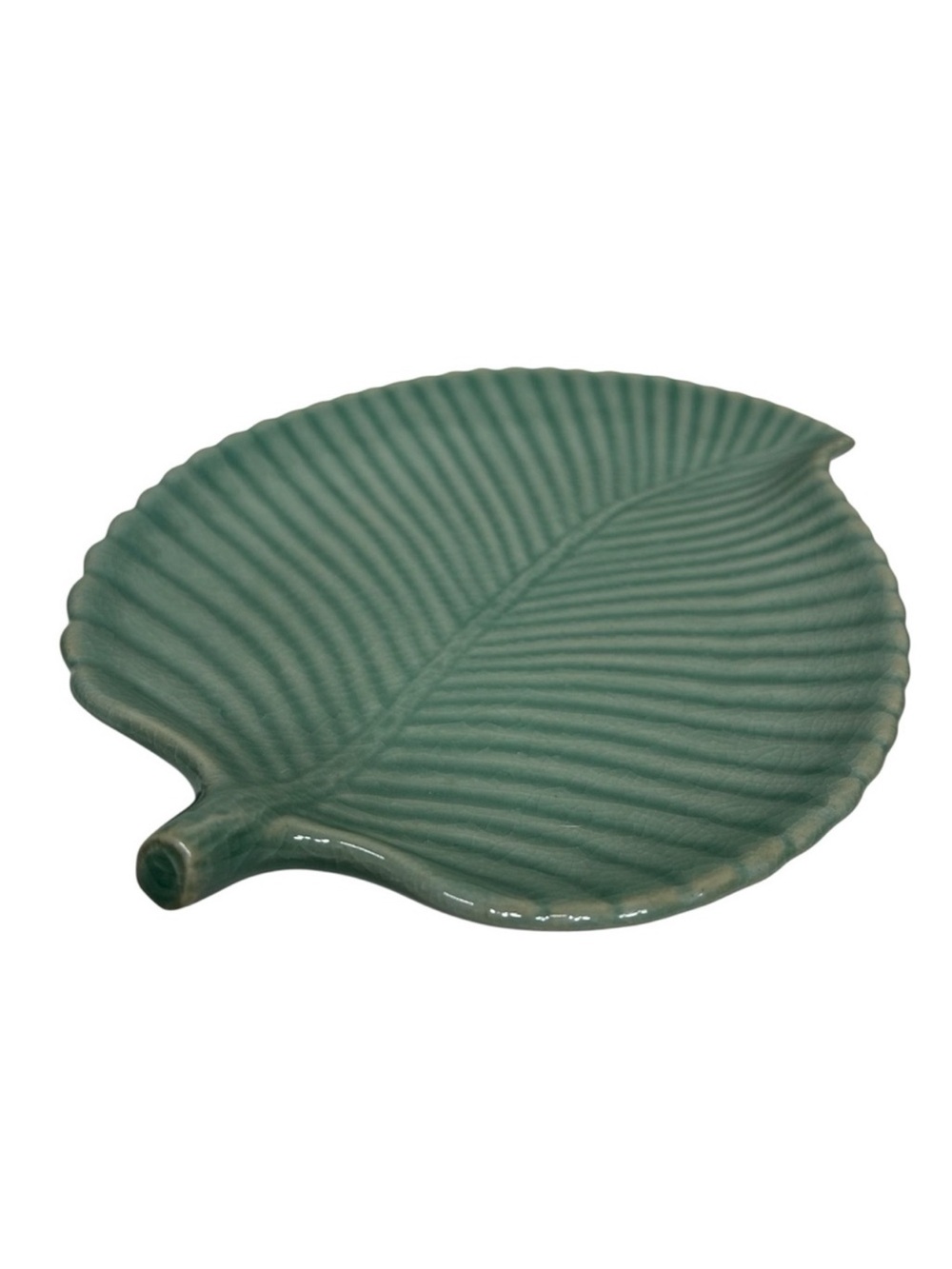 VTG Japanese Ceramic Celadon Crackle Glaze Contoured Leaf Green Trinket Dish